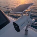 Solace 4G camera mounted on a boat rail at sunset
