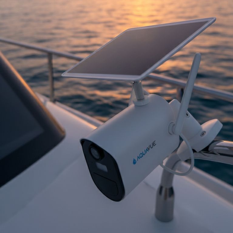 Solace 4G camera mounted on a boat rail at sunset