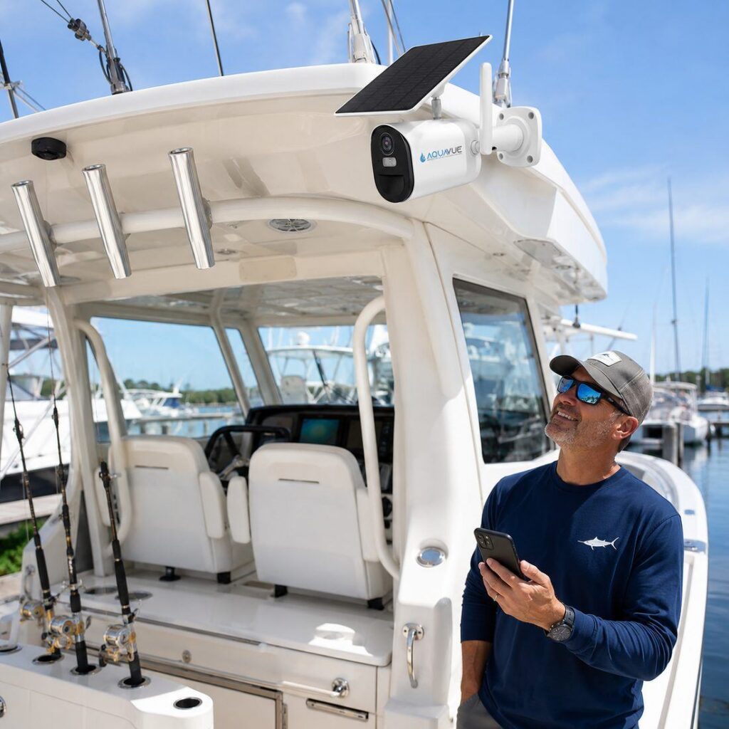 Boat owner checking his phone below a Solace 4G camera mounted on his boat